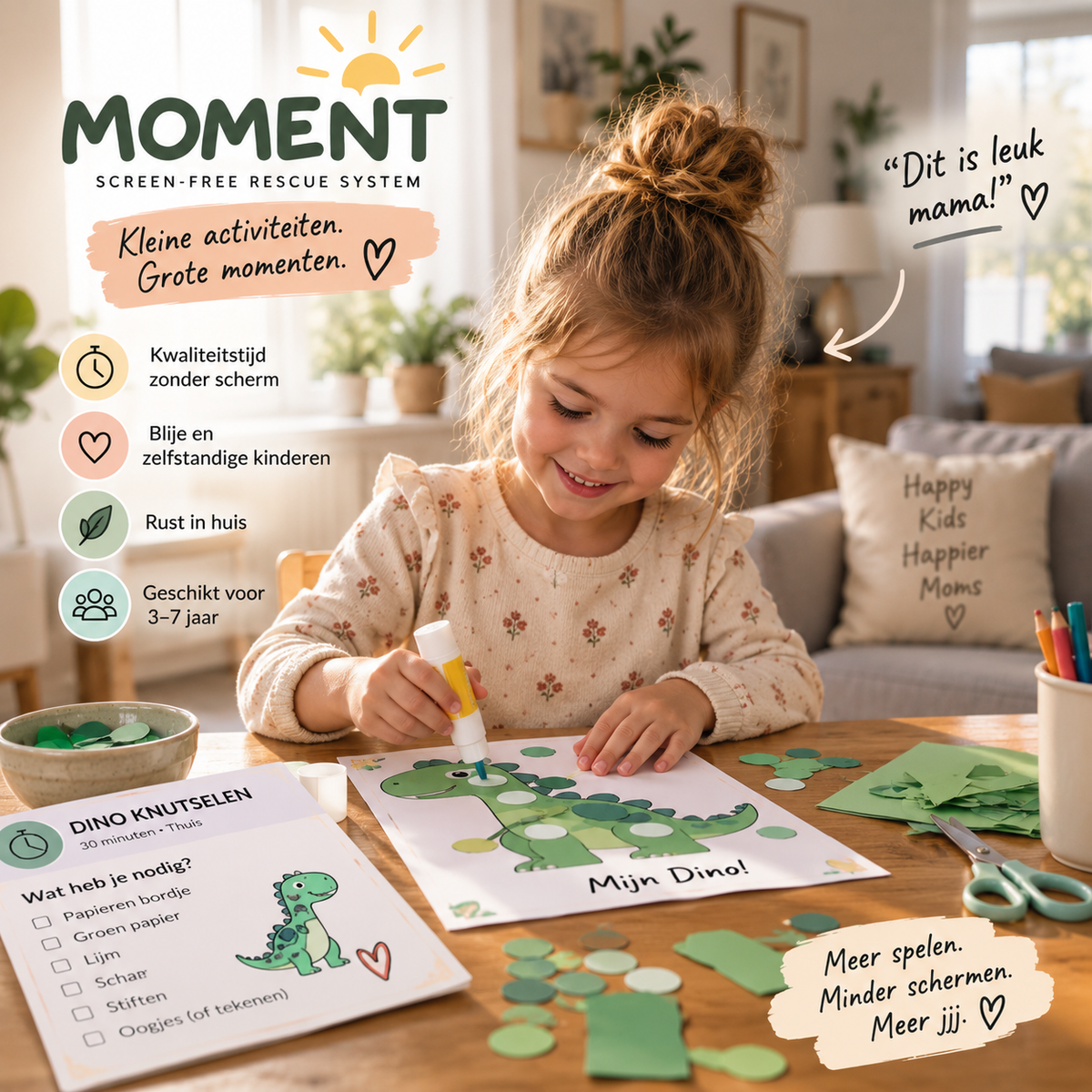 Meisje knutselt een dinosaurus aan tafel, schermvrije knutselactiviteit voor kinderen van 3-7 jaar