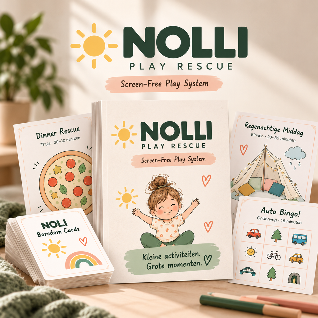NOLLI Play Rescue schermvrij speelsysteem met activiteitenkaarten zoals Dinner Rescue, Auto Bingo en Regenachtige Middag voor kinderen van 3-7 jaar